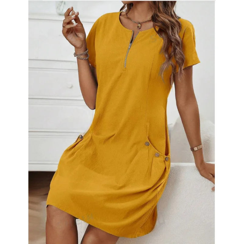 EVELYRA – VESTIDO DE VERANO ESTILO EUROPEO CON CUELLO CERRADO Y BOLSILLOS