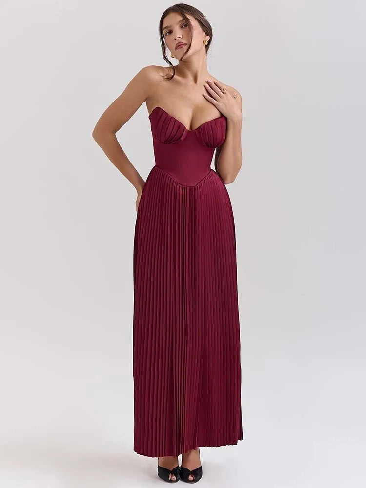 TOWNLUXA – VESTIDO MAXI PLISADO LÍNEA A SIN TIRANTES