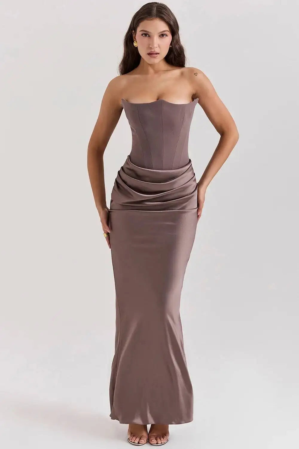 GIYORA – VESTIDO MAXI DE SATÉN SIN TIRANTES PARA CLUB Y NOCHE