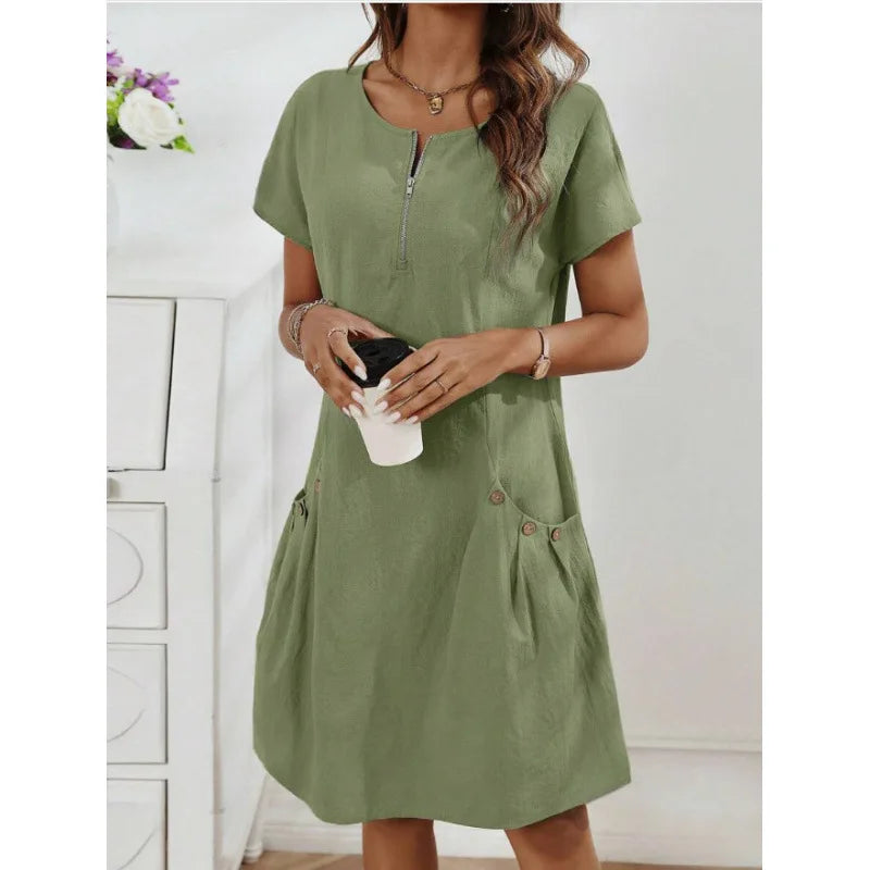 EVELYRA – VESTIDO DE VERANO ESTILO EUROPEO CON CUELLO CERRADO Y BOLSILLOS