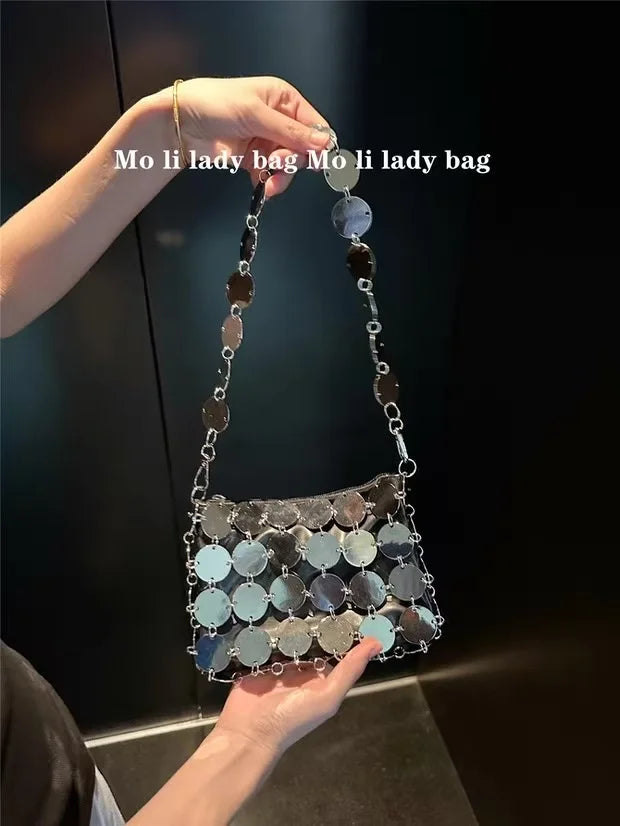 VELORIA – SHIMMERING SEQUIN METALLIC WOVEN BAG