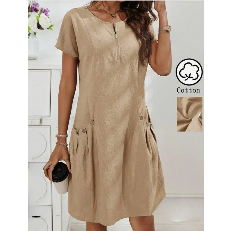 EVELYRA – VESTIDO DE VERANO ESTILO EUROPEO CON CUELLO CERRADO Y BOLSILLOS