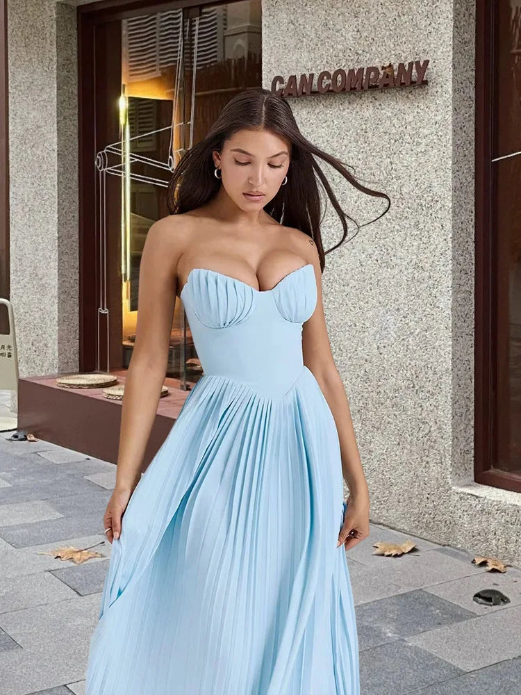 TOWNLUXA – STRAPLESS A-LINE PLEATED MAXI DRESS