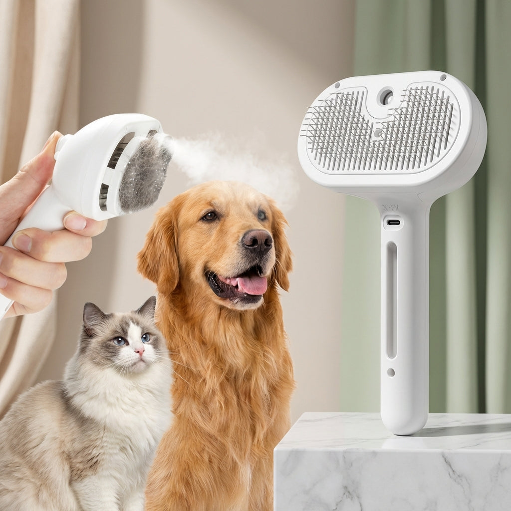 Cepillo de Vapor para Mascotas – Peine Masajeador USB Seguro con Dientes Suaves, Eliminador de Pelo para Perros y Gatos