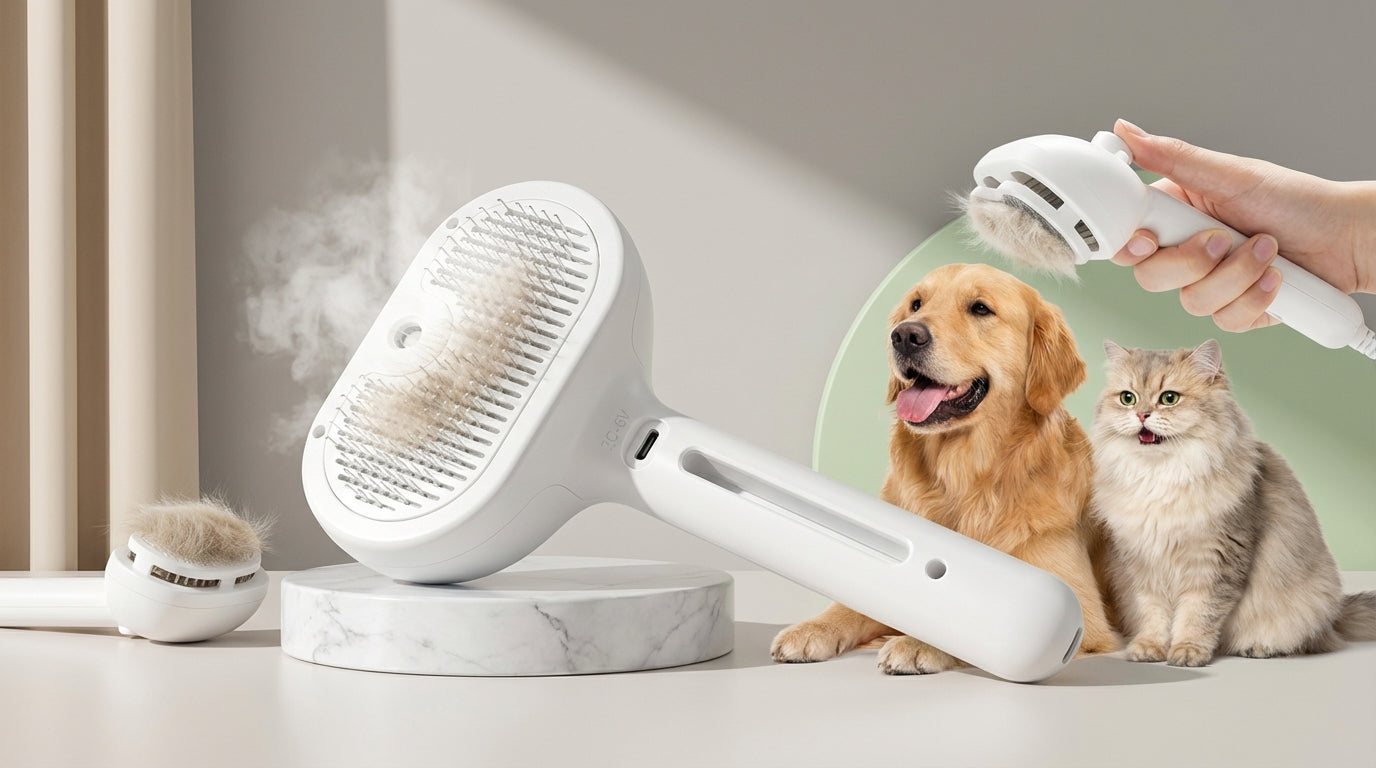 Cepillo de Vapor para Mascotas – Peine Masajeador USB Seguro con Dientes Suaves, Eliminador de Pelo para Perros y Gatos
