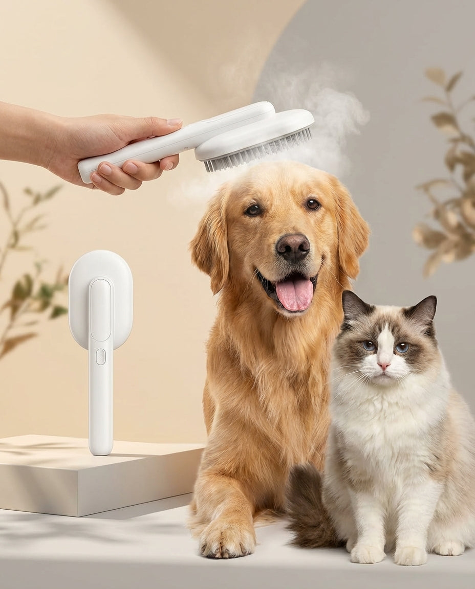 Cepillo de Vapor para Mascotas – Peine Masajeador USB Seguro con Dientes Suaves, Eliminador de Pelo para Perros y Gatos