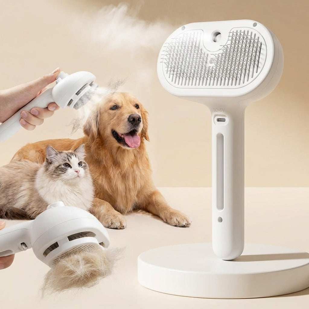 Cepillo de Vapor para Mascotas – Peine Masajeador USB Seguro con Dientes Suaves, Eliminador de Pelo para Perros y Gatos